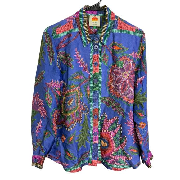 Farm Rio Sunset Tapestry Print Blouse Womens Small Blue Floral Long Sleeve Shirt - Picture 1 of 12
